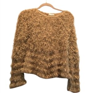 Vintage Y2K Fuzzy Sweater M Italy Tan Cropped Textured Neutral Round Neck Furry